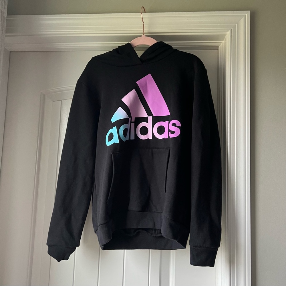 Girls Adidas Logo Black Hoodie Slim Fit with Pastel Font